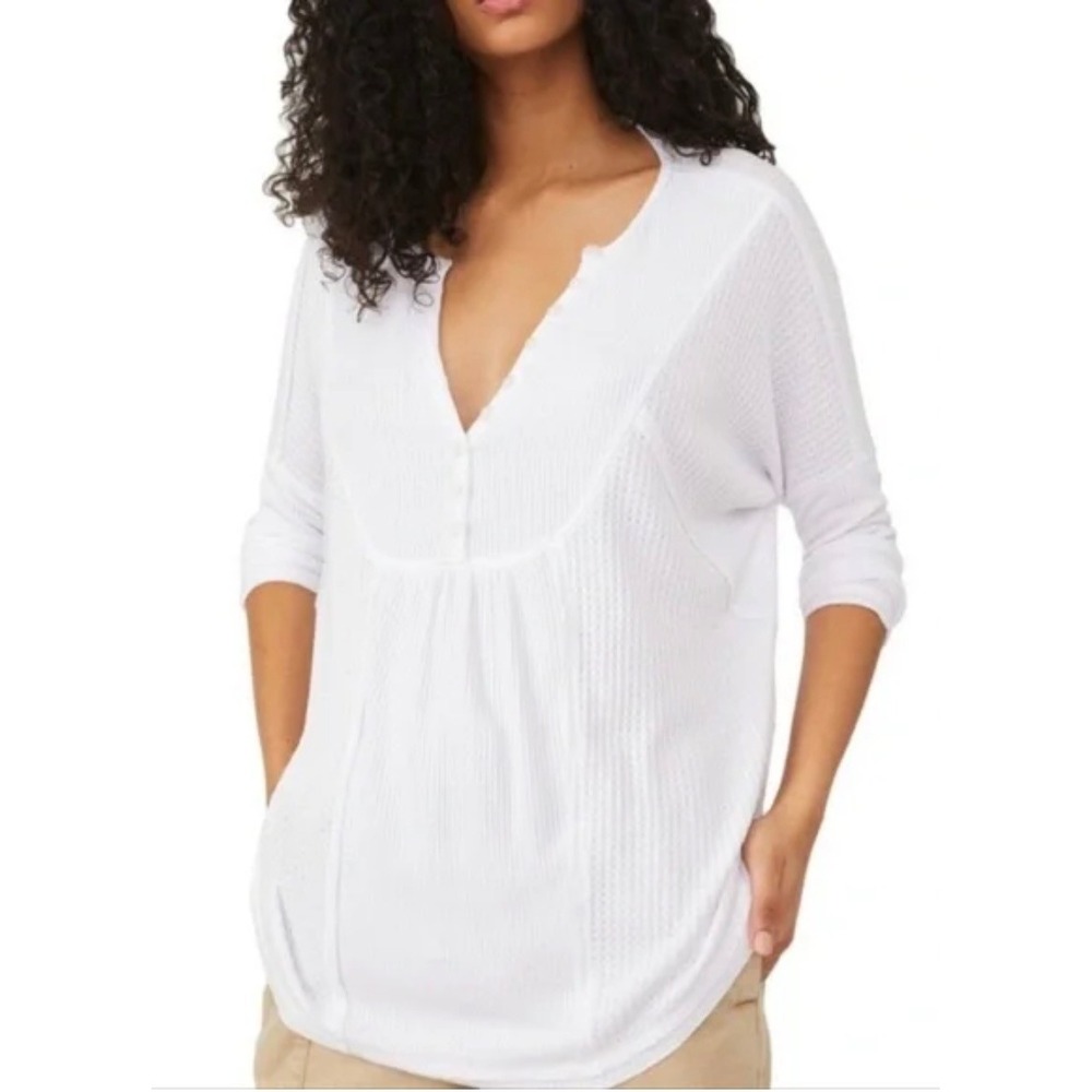 Free People White Thermal Long Sleeve Henley Top Waffle Knit V-Neck Button